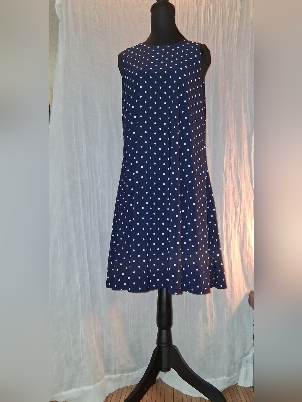 Anne Klein Navy with White Polka Dot Fit-and-Flare Midi Dress